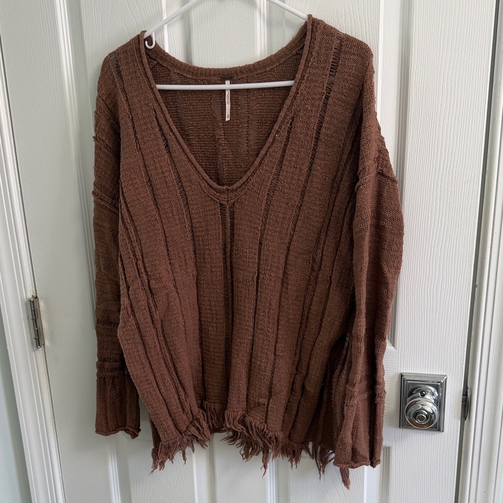 Free People Distressed V-Neck Knit Sweater - Brown